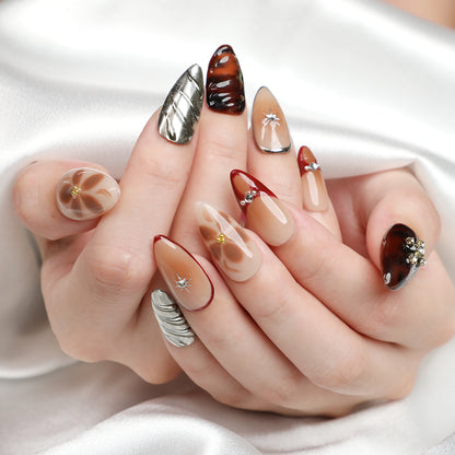 Hot Mocha Handmade Reusable Nail Set Short Almond Acrylic Brown Press On Nails For Beginner Fall Winter Nail