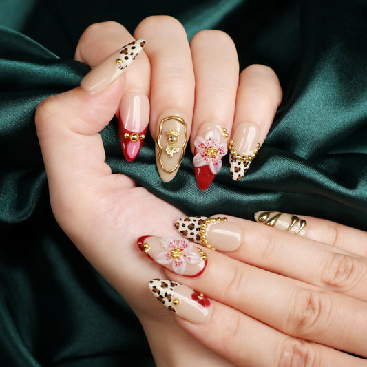 Wild Rose Short Almond Luxury Press On Nail Set for Beginner Daily Wear Party Event with Elegant Glamorous Look