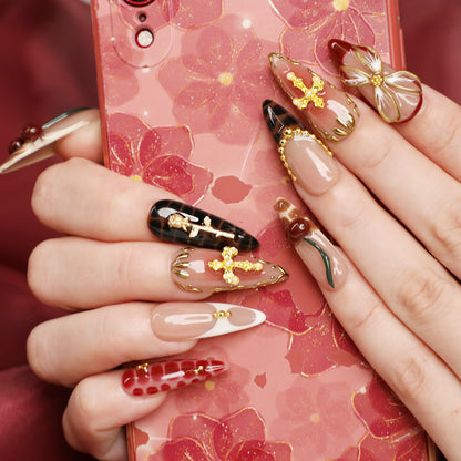 Golden Eden Medium Length Almond Luxury Handmade Acrylic Press On Nail Set for Chic Romantic Look Perfect For Beginner Daily Wear Party Event