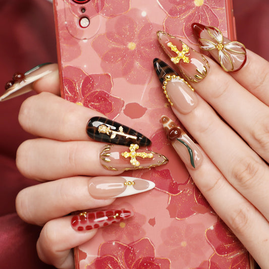 Golden Eden Medium Length Almond Luxury Handmade Acrylic Press On Nail Set for Chic Romantic Look Perfect For Beginner Daily Wear Party Event