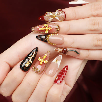 Golden Eden Medium Length Almond Luxury Handmade Acrylic Press On Nail Set for Chic Romantic Look Perfect For Beginner Daily Wear Party Event