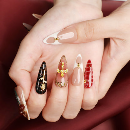 Golden Eden Medium Length Almond Luxury Handmade Acrylic Press On Nail Set for Chic Romantic Look Perfect For Beginner Daily Wear Party Event