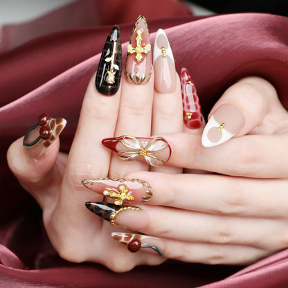 Golden Eden Medium Length Almond Luxury Handmade Acrylic Press On Nail Set for Chic Romantic Look Perfect For Beginner Daily Wear Party Event