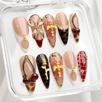 Golden Eden Medium Length Almond Luxury Handmade Acrylic Press On Nail Set for Chic Romantic Look Perfect For Beginner Daily Wear Party Event