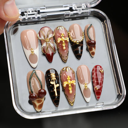 Golden Eden Medium Length Almond Luxury Handmade Acrylic Press On Nail Set for Chic Romantic Look Perfect For Beginner Daily Wear Party Event