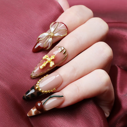 Golden Eden Medium Length Almond Luxury Handmade Acrylic Press On Nail Set for Chic Romantic Look Perfect For Beginner Daily Wear Party Event