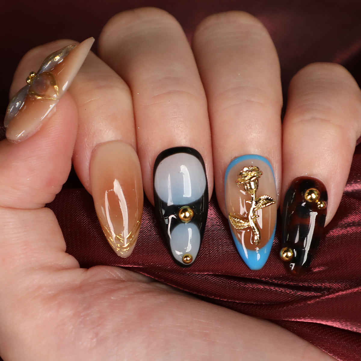 Cocoa Bloom Short Brown & Blue Almond Shape Handmade Luxury Press On Nail Set For Beginner Daily Wear Party Dinner