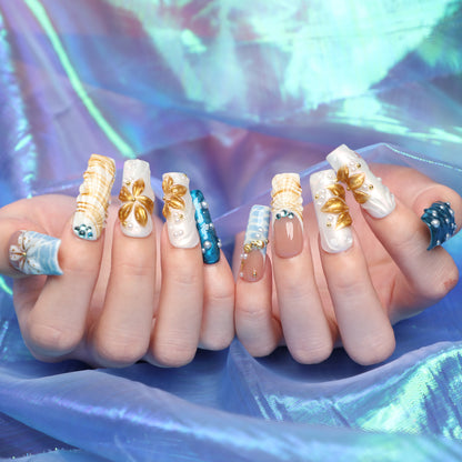 Mermaids Treasure Medium Length Square Shape Handmade Luxury Press On Nail Blue Set For Daily Wear Party Dinner