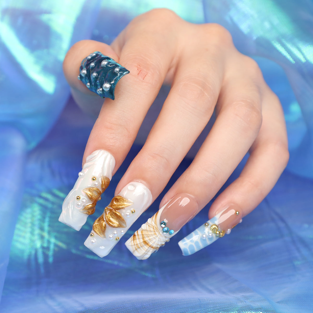 Mermaids Treasure Medium Length Square Shape Handmade Luxury Press On Nail Blue Set For Daily Wear Party Dinner
