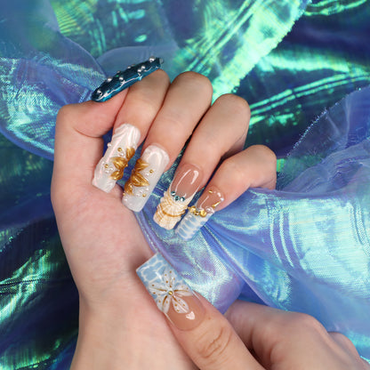 Mermaids Treasure Medium Length Square Shape Handmade Luxury Press On Nail Blue Set For Daily Wear Party Dinner