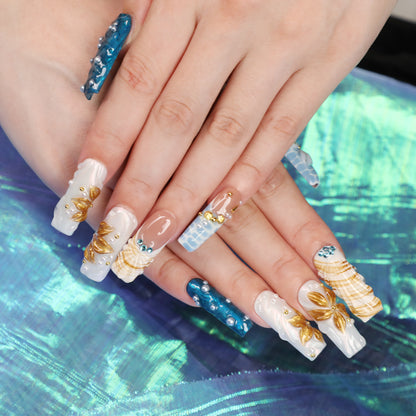 Mermaids Treasure Medium Length Square Shape Handmade Luxury Press On Nail Blue Set For Daily Wear Party Dinner