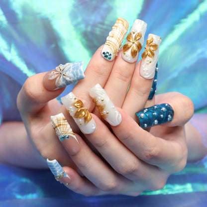 Mermaids Treasure Medium Length Square Shape Handmade Luxury Press On Nail Blue Set For Daily Wear Party Dinner