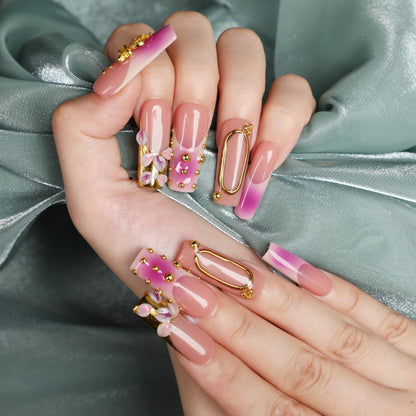 Pinky Promise Square Shape Handmade Luxury Medium Length Pink Press On Nail Set For Beginner Daily Wear Party Dinner