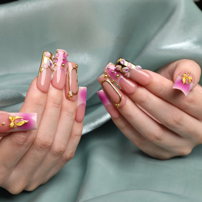 Pinky Promise Square Shape Handmade Luxury Medium Length Pink Press On Nail Set For Beginner Daily Wear Party Dinner