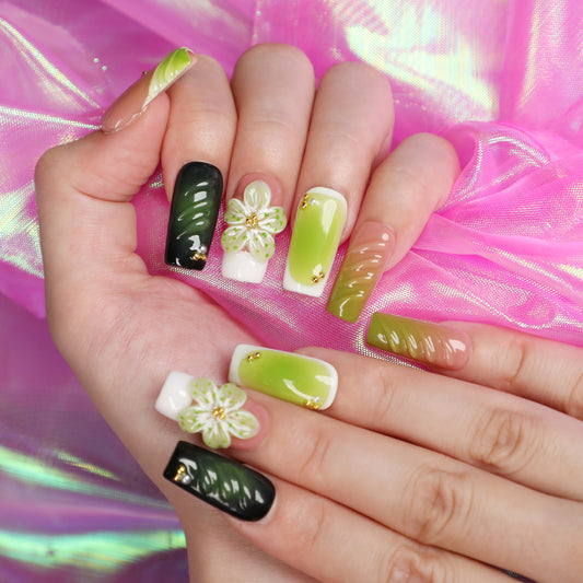 Green Breeze Short Square Shape Handmade Luxury Green Press On Nail Set For Beginner Daily Wear Party