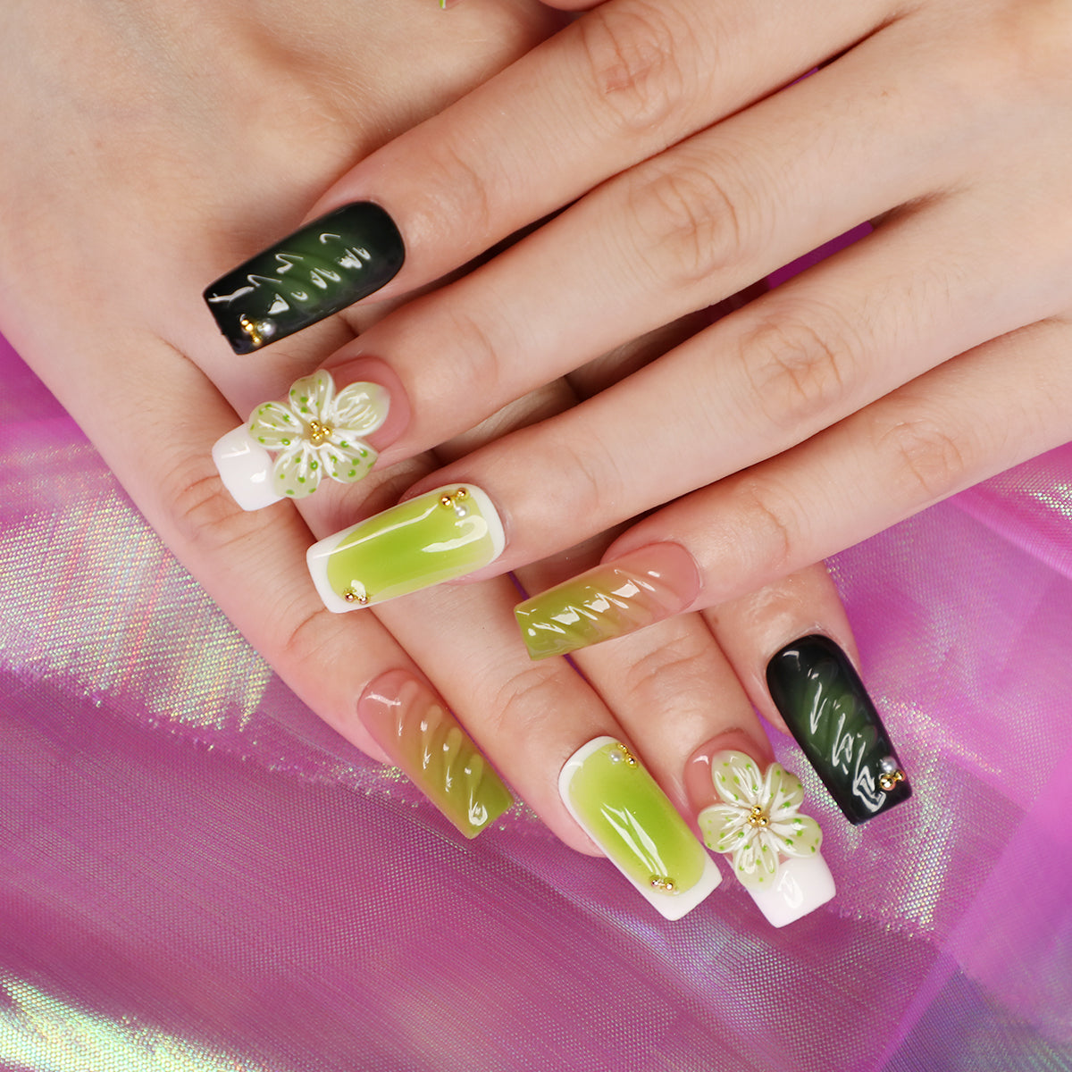 Green Breeze Short Square Shape Handmade Luxury Green Press On Nail Set For Beginner Daily Wear Party