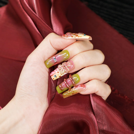 Rainbow In Jungle Square Shape Handmade Luxury Medium Length Press On Rainbow Nail Set For Beginner Daily Wear Party Dinn