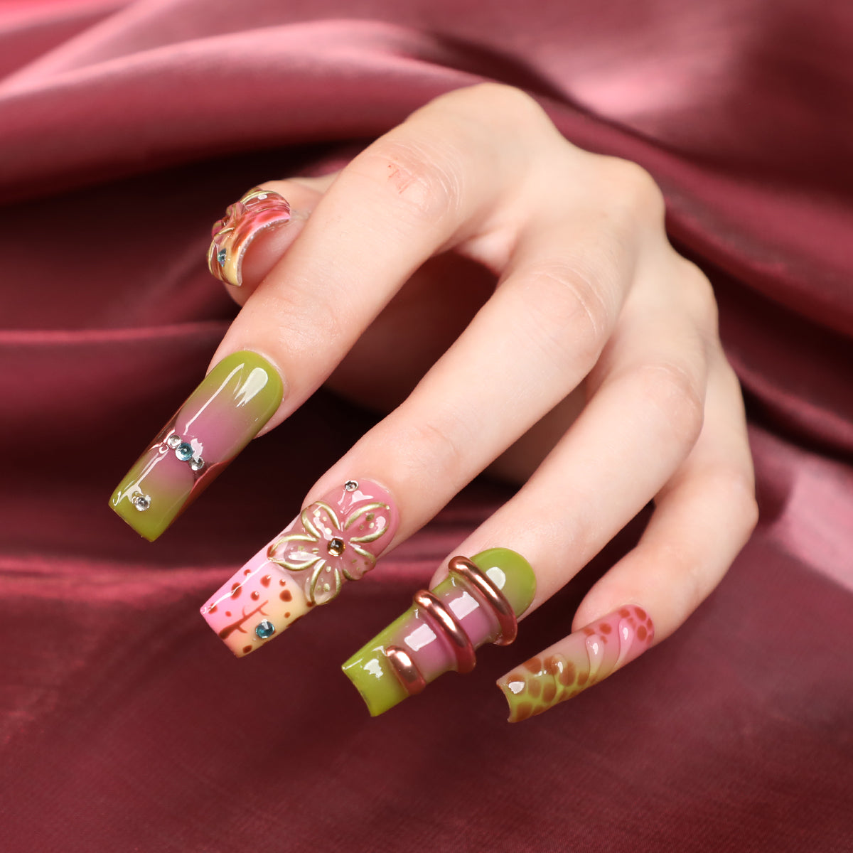 Rainbow In Jungle Square Shape Handmade Luxury Medium Length Press On Rainbow Nail Set For Beginner Daily Wear Party Dinn