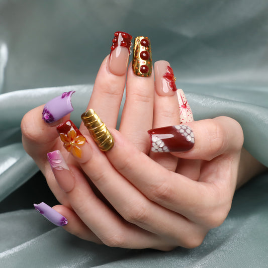 Funky Garden Short Square Handmade Luxury Press On Nail Set For Beginner Daily Wear Party Dinner