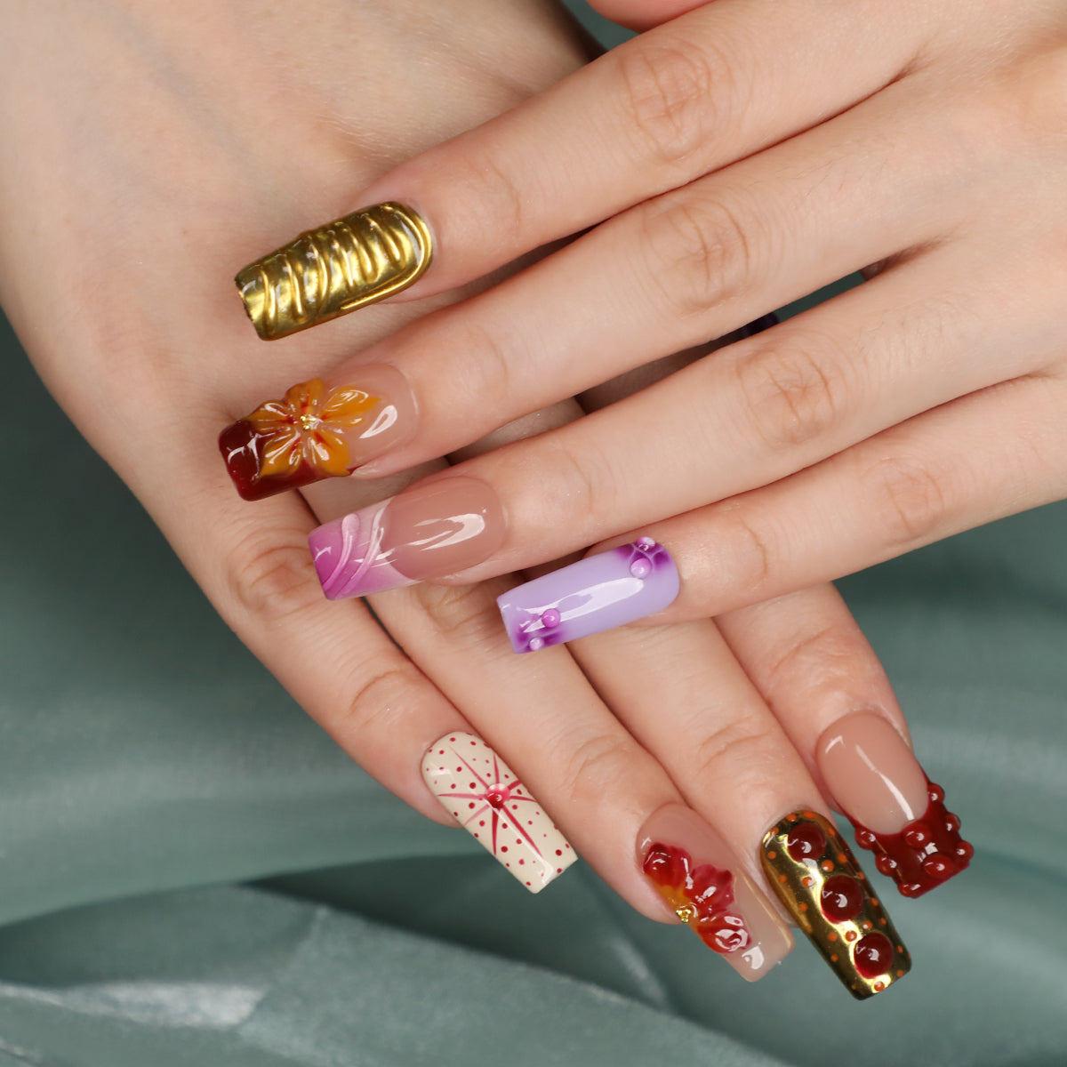 Funky Garden Short Square Handmade Luxury Press On Nail Set For Beginner Daily Wear Party Dinner