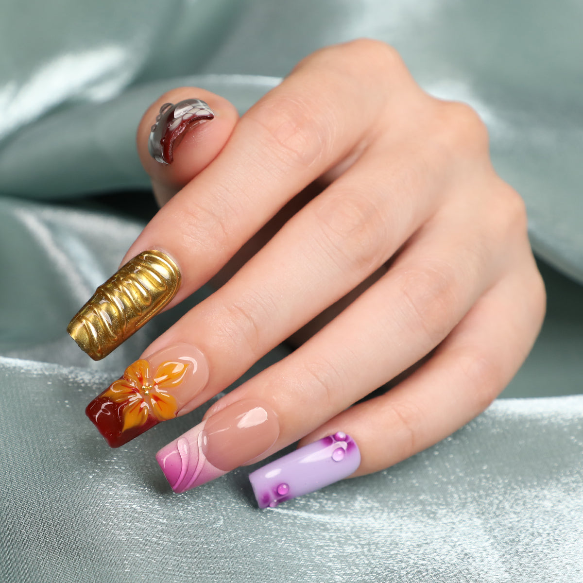 Funky Garden Short Square Handmade Luxury Press On Nail Set For Beginner Daily Wear Party Dinner
