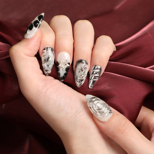 🎁 Cloud Shadow Handmade Short Almond Shape Luxury Sliver Press On Nail Set For Beginner Daily Wear Party Dinner (100% off)