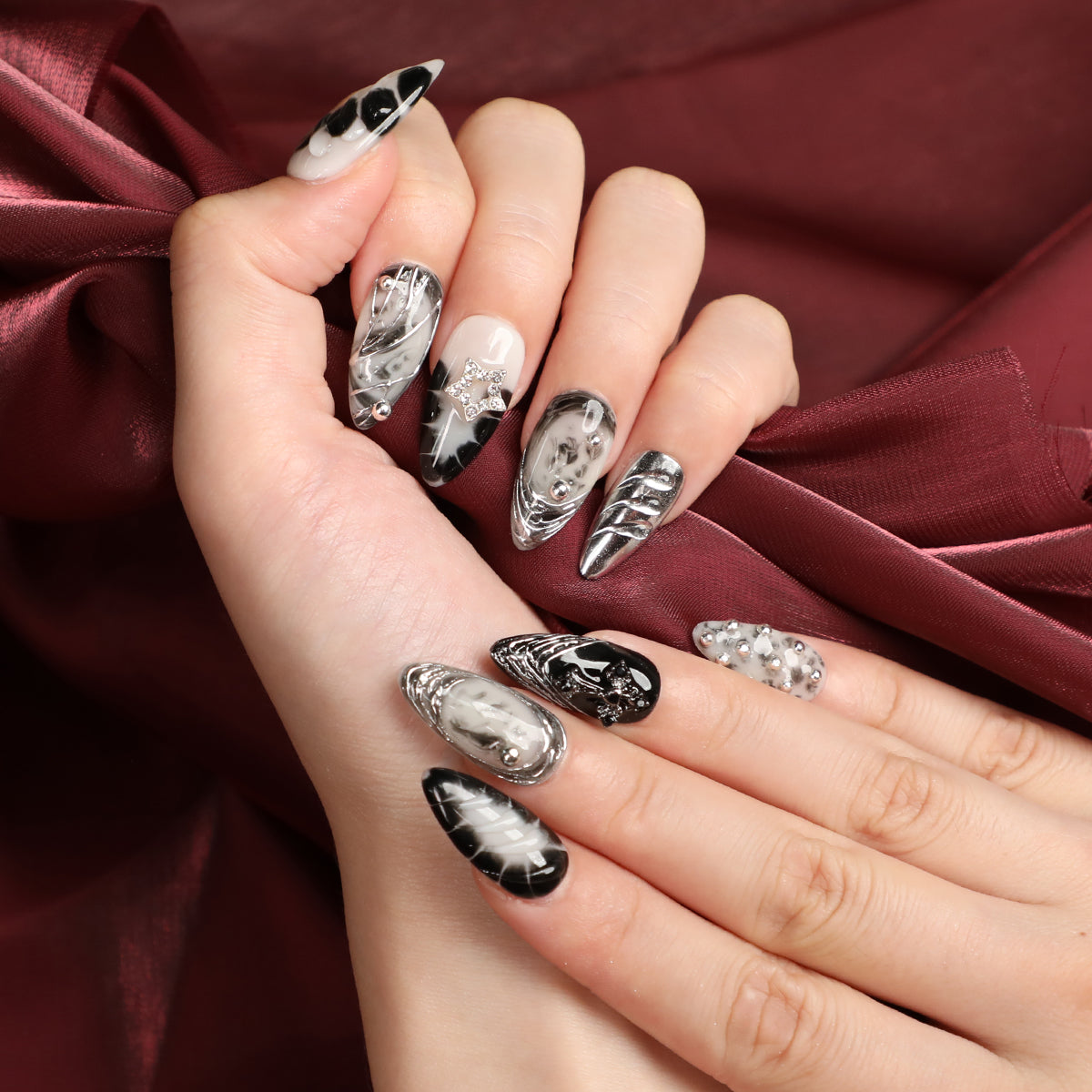 Cloud Shadow Handmade Short Almond Shape Luxury Sliver Press On Nail Set For Beginner Daily Wear Party Dinner