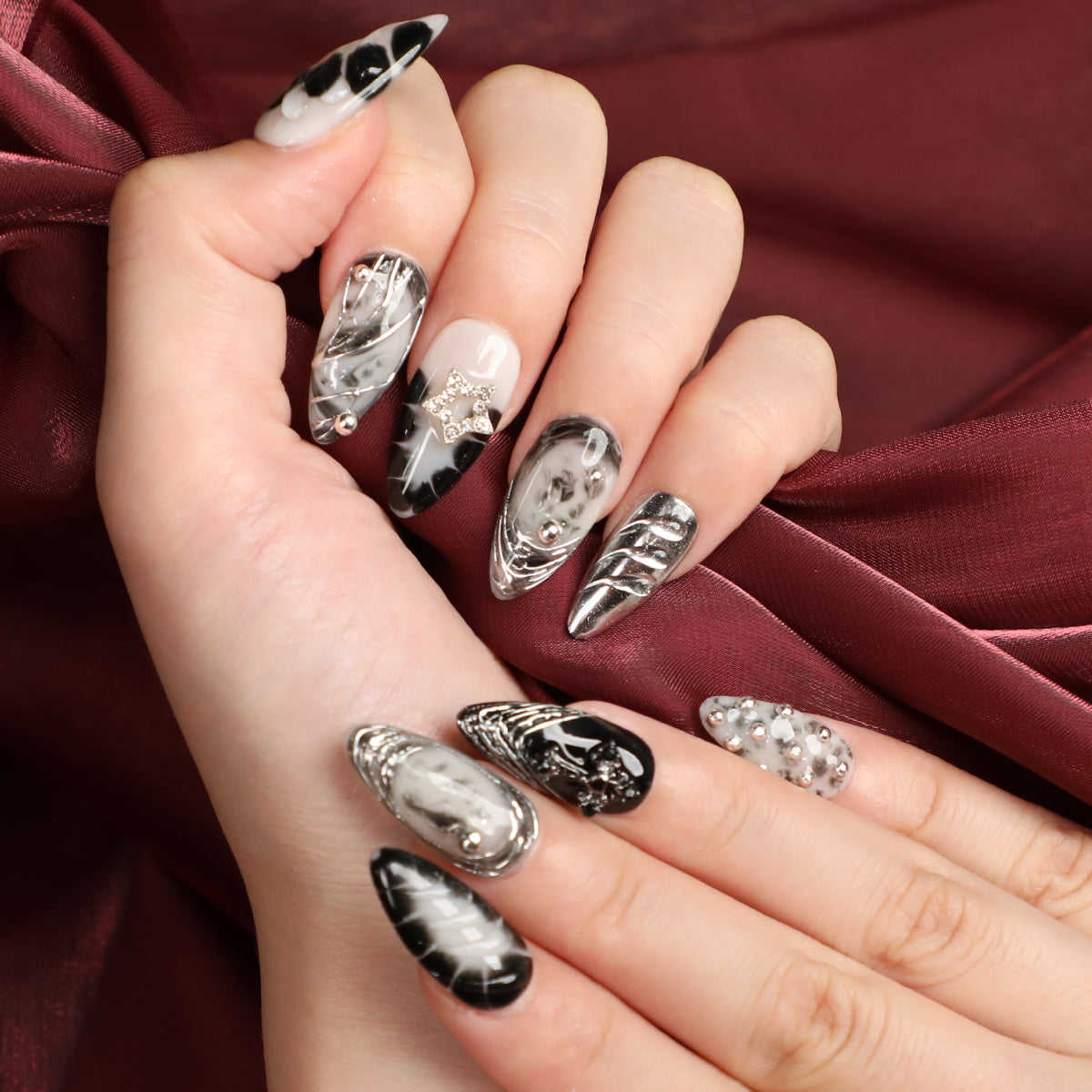 Cloud Shadow Handmade Short Almond Shape Luxury Sliver Press On Nail Set For Beginner Daily Wear Party Dinner