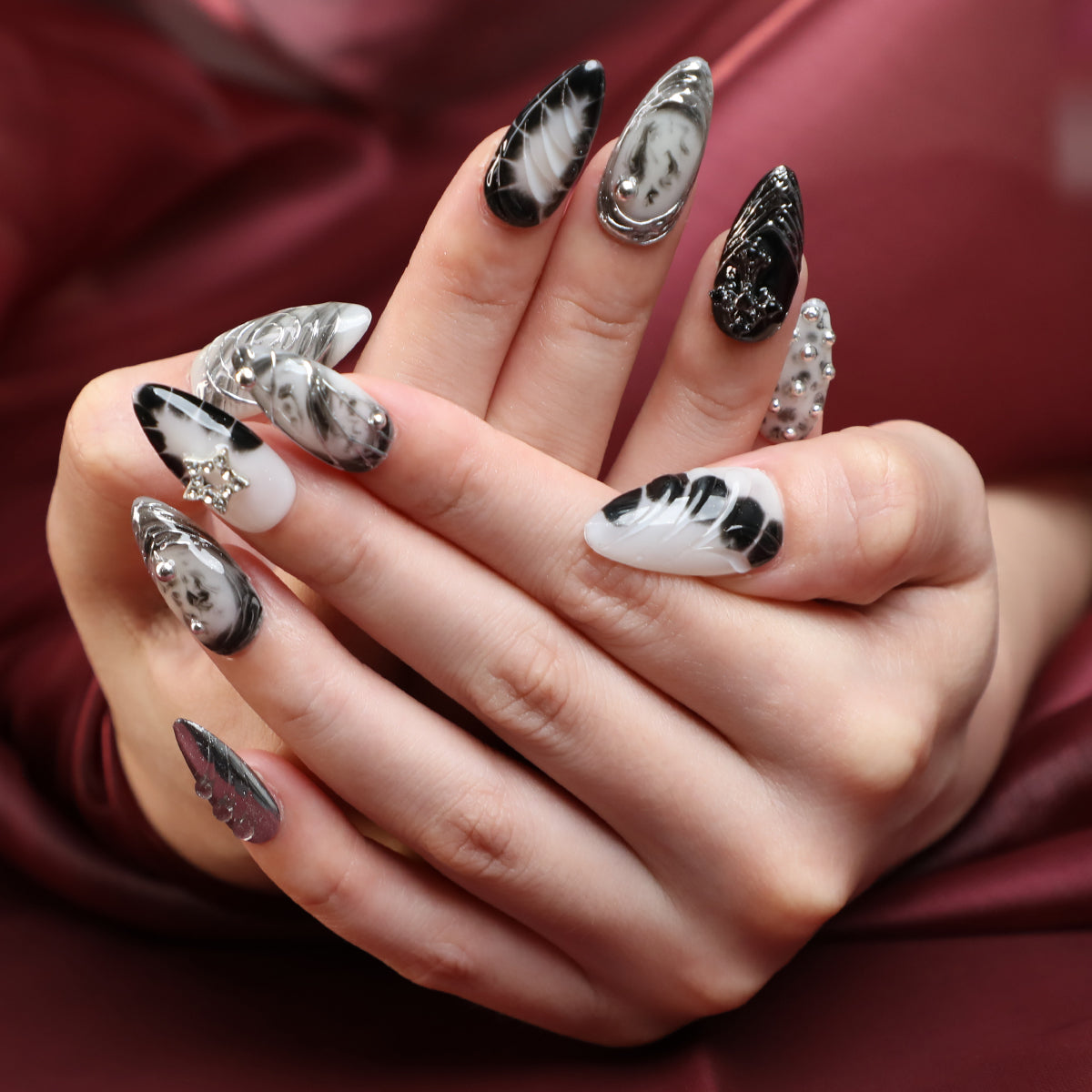 Cloud Shadow Handmade Short Almond Shape Luxury Sliver Press On Nail Set For Beginner Daily Wear Party Dinner