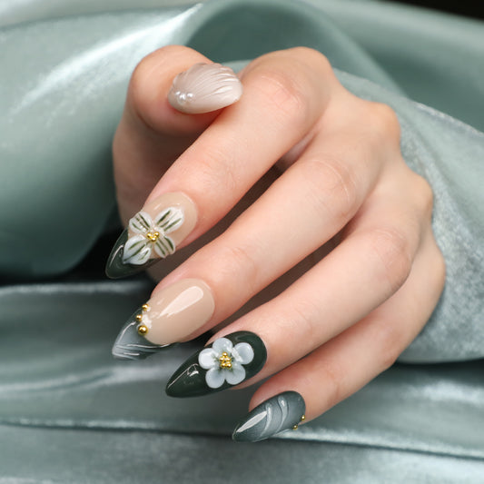 Forest Veil Short Dark Green Almond Shape Handmade Luxury Press On Nail Set Beginner Friendly Fake Nails For  Daily Wear Party Dinner