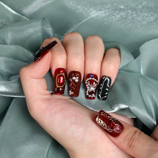 Garnet Short Square Shape Handmade Luxury Red Press On Nail Set Beginner Friendly Square Nails For  Daily Wear Party Dinner