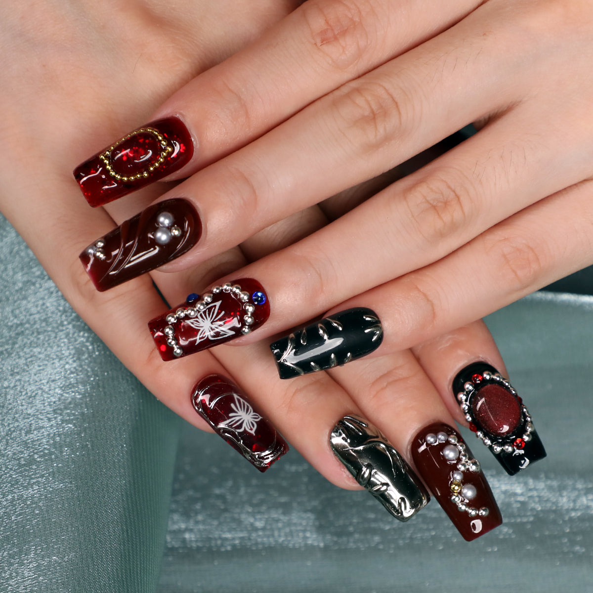 Garnet Short Square Shape Handmade Luxury Red Press On Nail Set Beginner Friendly Square Nails For  Daily Wear Party Dinner
