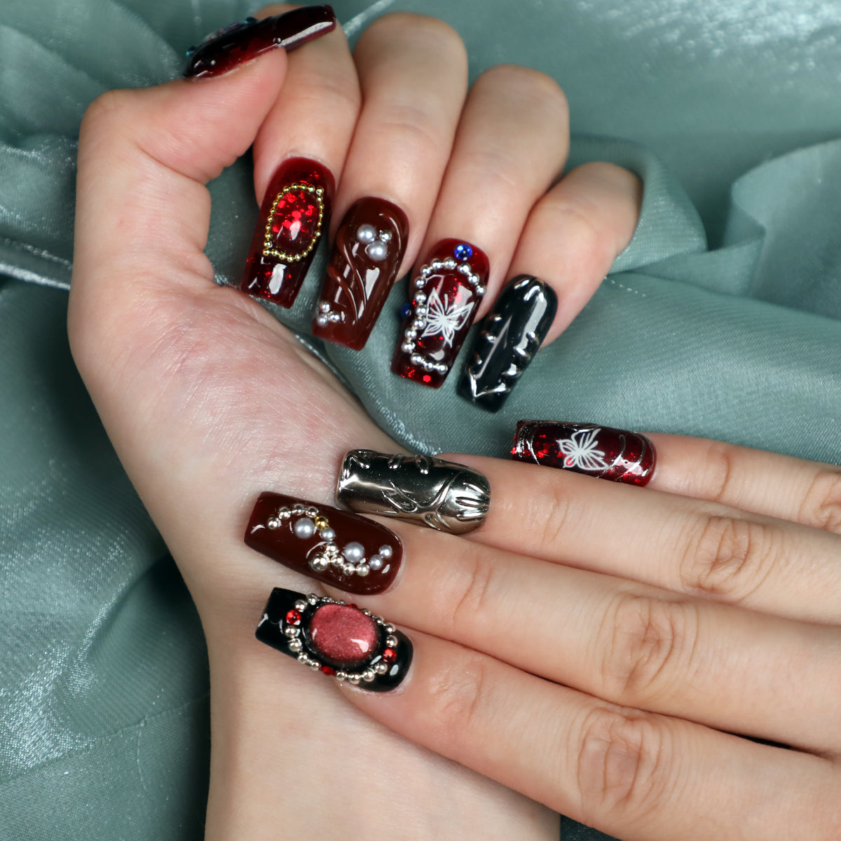 Garnet Short Square Shape Handmade Luxury Red Press On Nail Set Beginner Friendly Square Nails For  Daily Wear Party Dinner