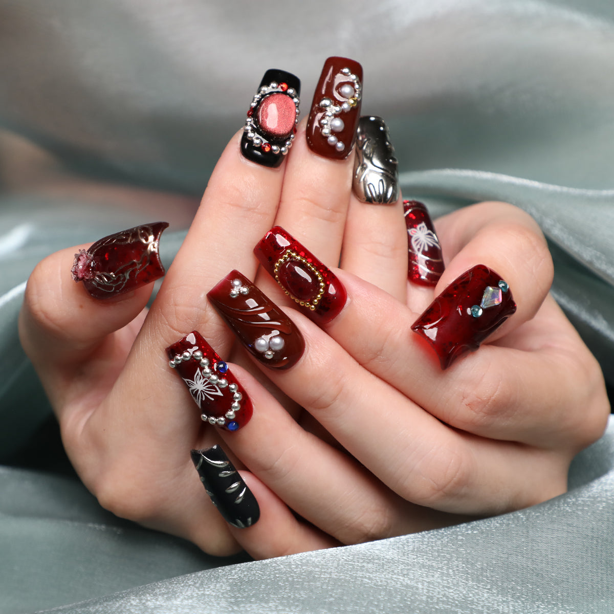 Garnet Short Square Shape Handmade Luxury Red Press On Nail Set Beginner Friendly Square Nails For  Daily Wear Party Dinner