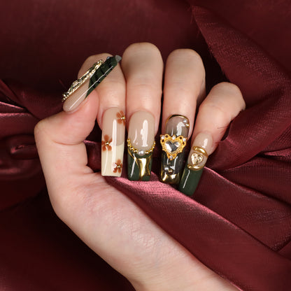 Angelic Stripe Handmade Square Shape Luxury Medium Length Green & Golden Press On Nail Set For Daily Wear Party Dinner