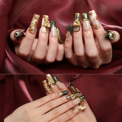 Angelic Stripe Handmade Square Shape Luxury Medium Length Green & Golden Press On Nail Set For Daily Wear Party Dinner