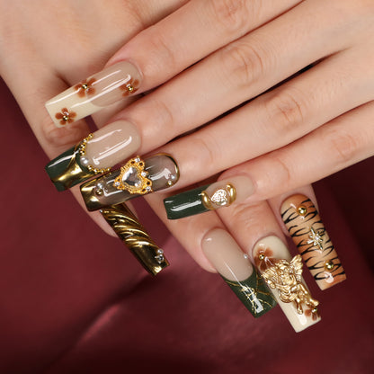 Angelic Stripe Handmade Square Shape Luxury Medium Length Green & Golden Press On Nail Set For Daily Wear Party Dinner