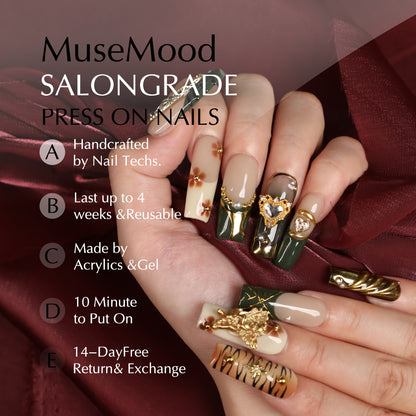 Angelic Stripe Handmade Square Shape Luxury Medium Length Green & Golden Press On Nail Set For Daily Wear Party Dinner