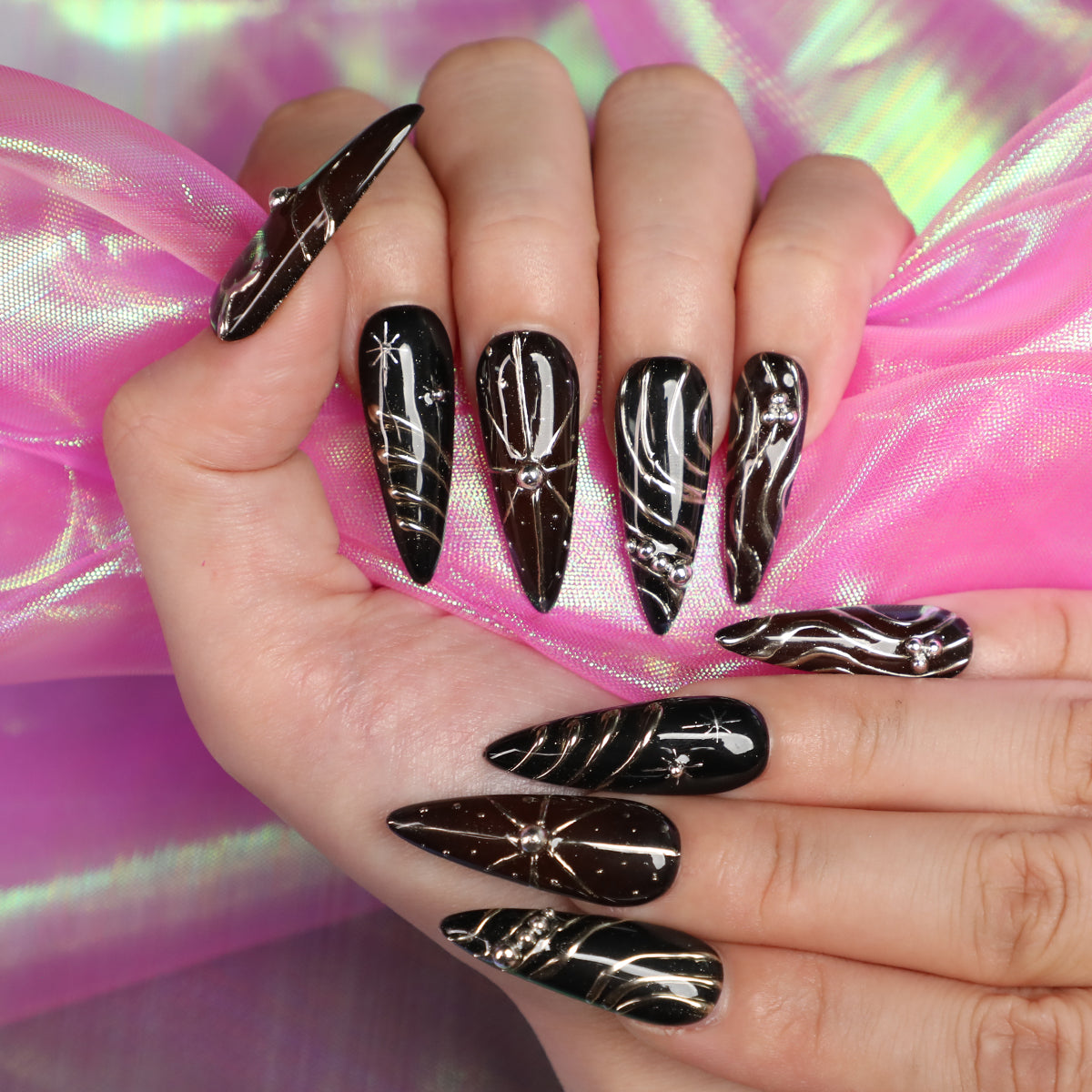 Dark Glimmer Soft Black Stiletto Shape Handmade Luxury Medium Length Press On Nail Set For Beginner Daily Wear Party Dinner