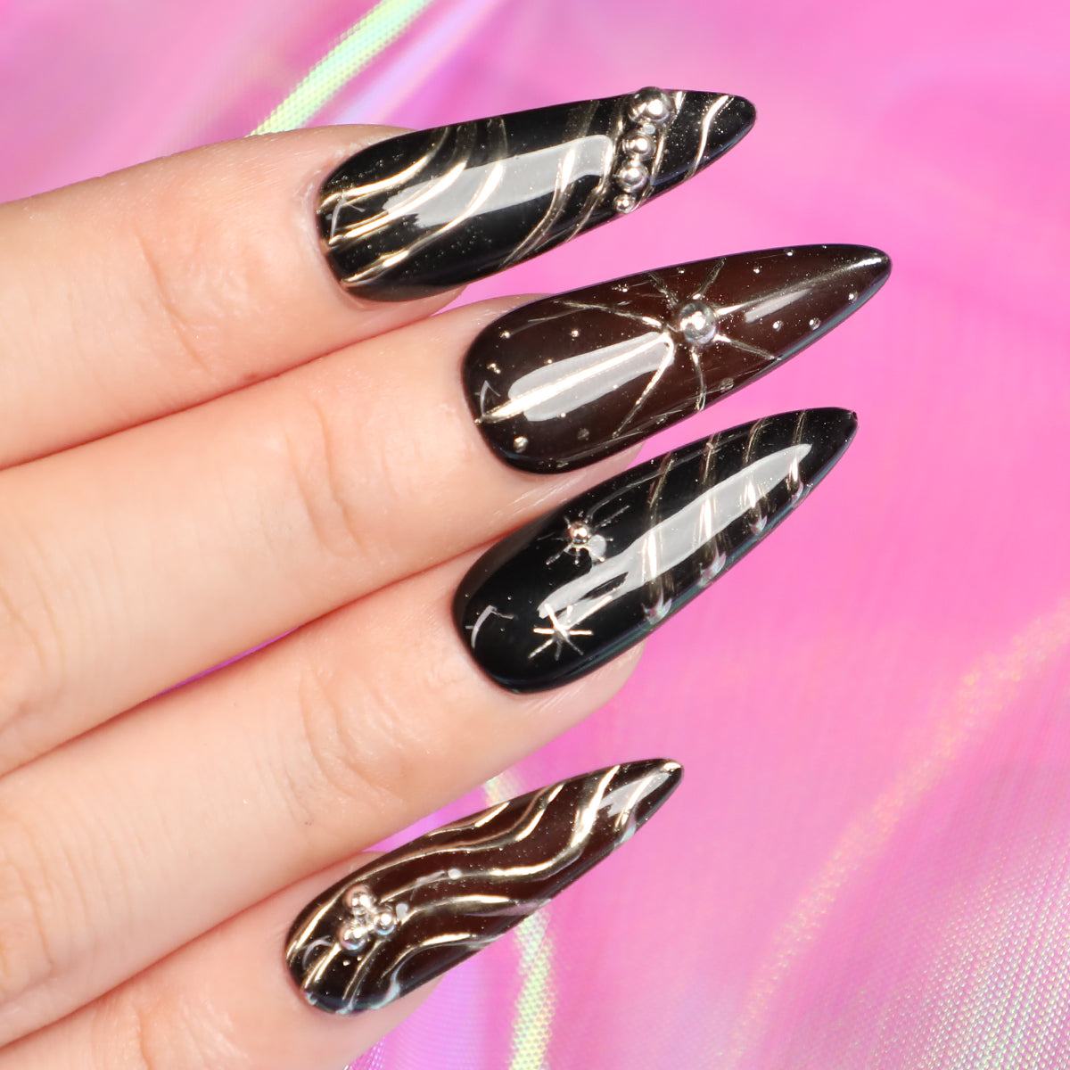 Dark Glimmer Soft Black Stiletto Shape Handmade Luxury Medium Length Press On Nail Set For Beginner Daily Wear Party Dinner