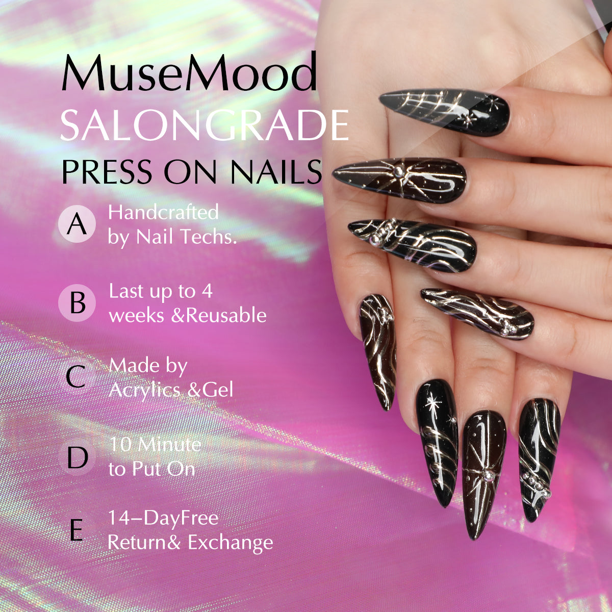 Dark Glimmer Soft Black Stiletto Shape Handmade Luxury Medium Length Press On Nail Set For Beginner Daily Wear Party Dinner