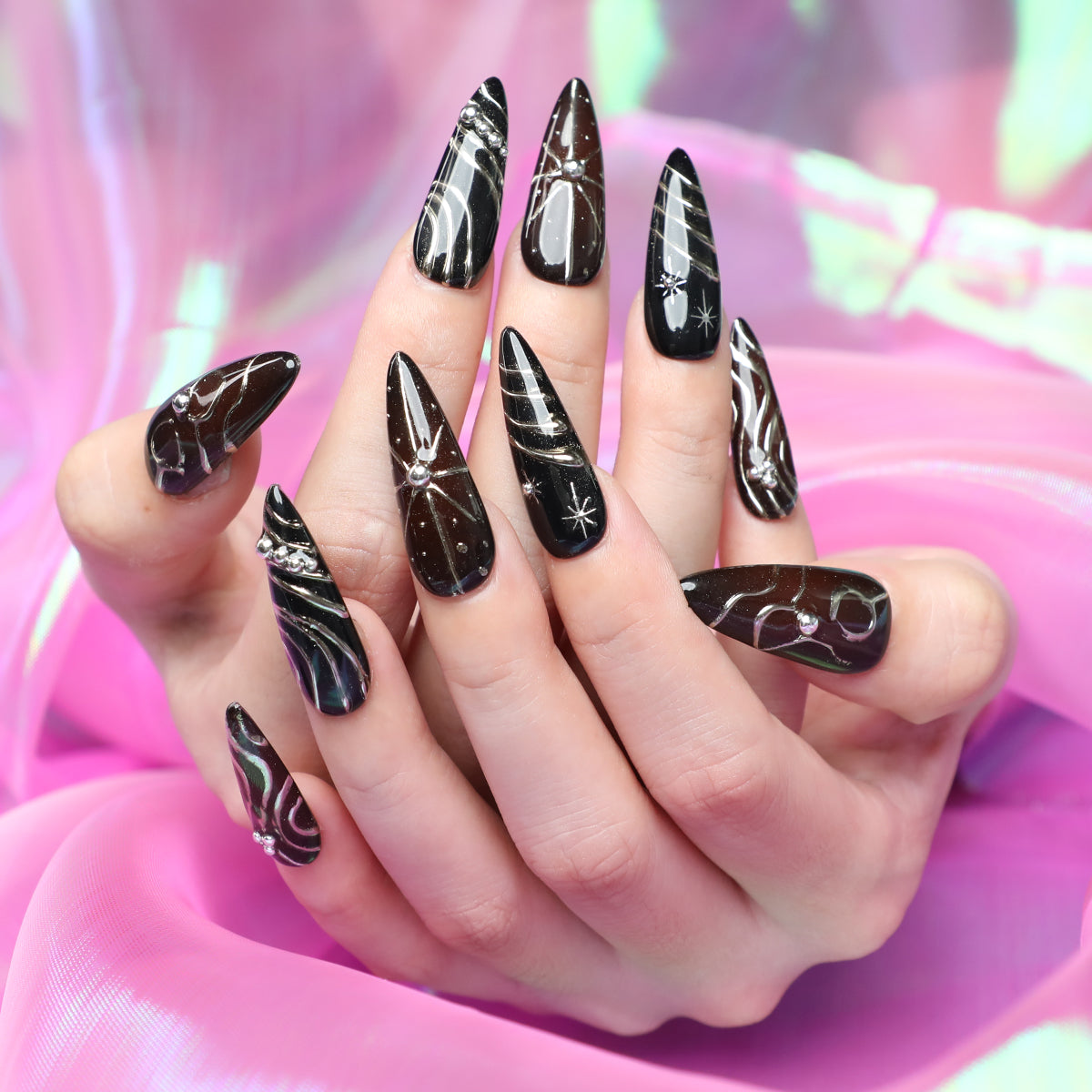 Dark Glimmer Soft Black Stiletto Shape Handmade Luxury Medium Length Press On Nail Set For Beginner Daily Wear Party Dinner