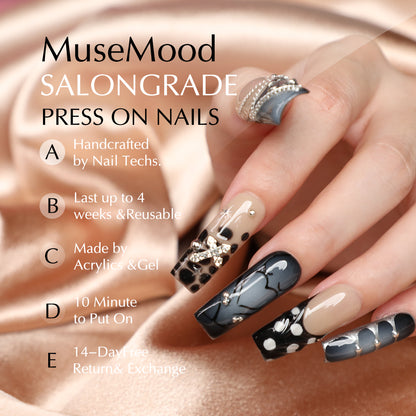 Sliver Creed Square Shape Handmade Luxury Medium Length Silver & Black Press On Nail Set For Beginner Daily Wear Party Dinner