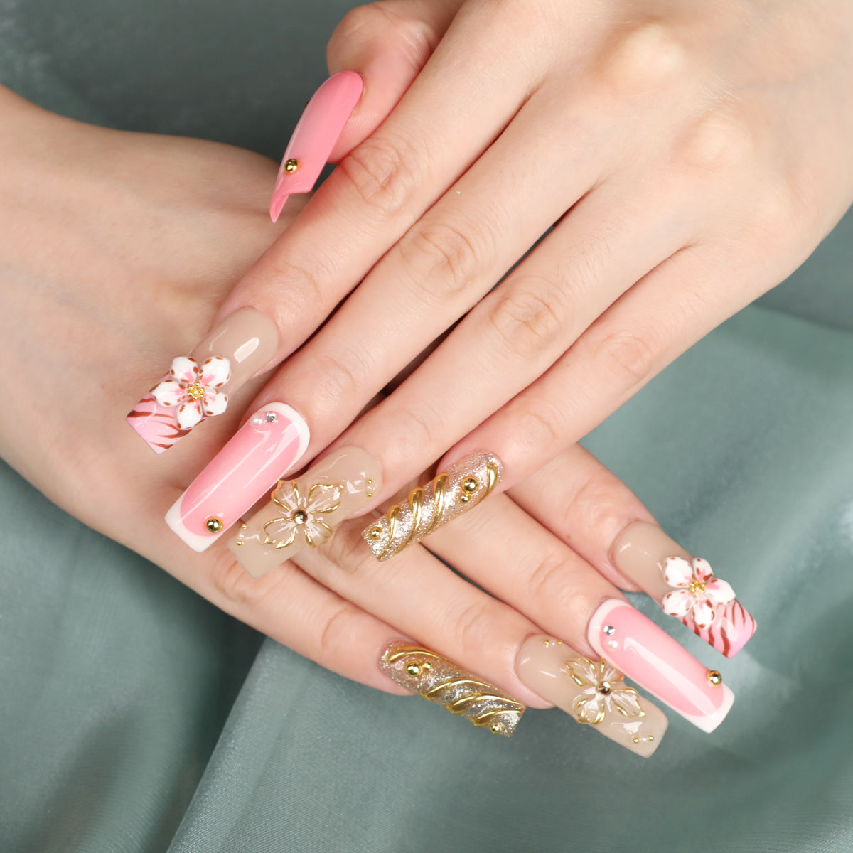 Cherry Blossom Season Medium Length Handmade Square Shape Luxury  Press On Nail Set For Beginner Daily Wear Party Dinner