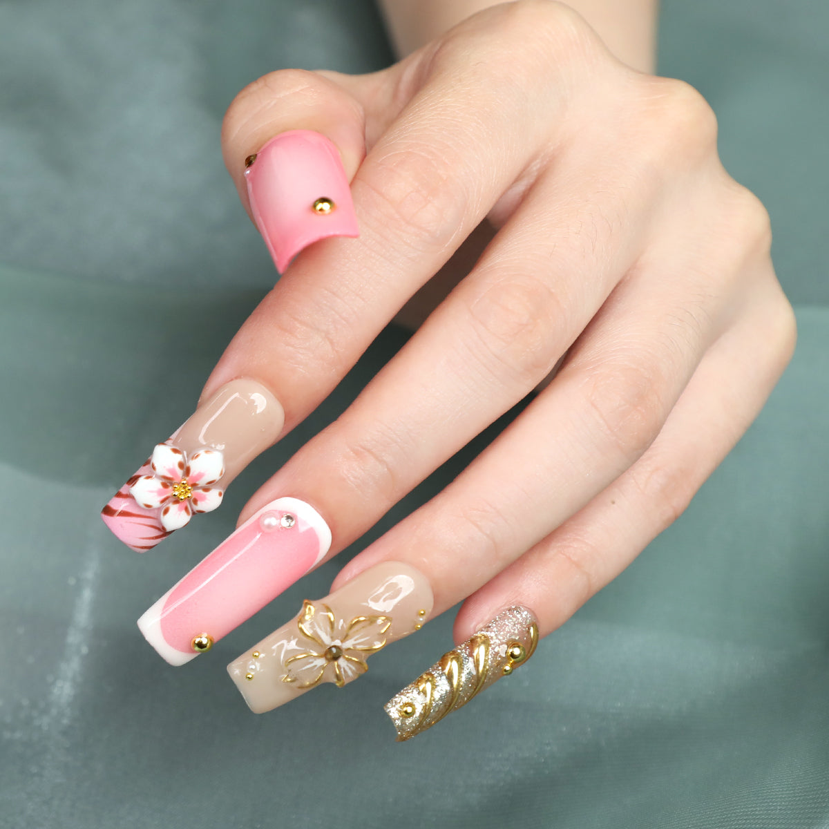 Cherry Blossom Season Medium Length Handmade Square Shape Luxury  Press On Nail Set For Beginner Daily Wear Party Dinner