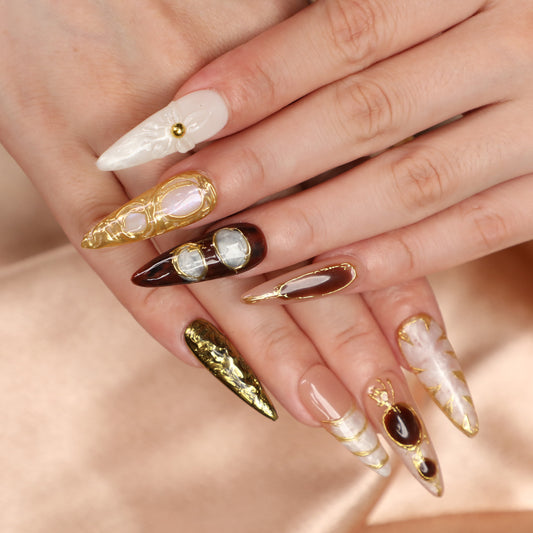 Gilded Era Medium Length Stiletto Shape Handmade Golden Luxury Press On Nail Set For Party Dinner