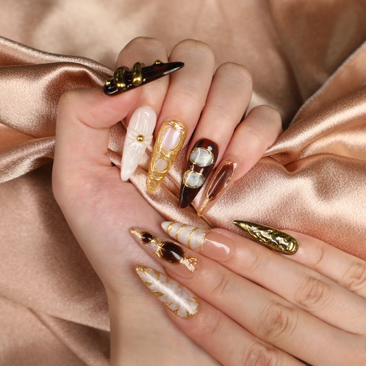 Gilded Era Medium Length Stiletto Shape Handmade Golden Luxury Press On Nail Set For Party Dinner