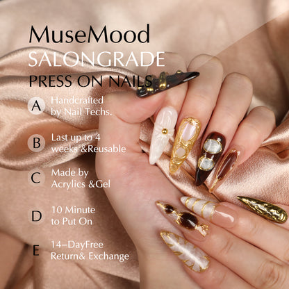 Gilded Era Medium Length Stiletto Shape Handmade Golden Luxury Press On Nail Set For Party Dinner