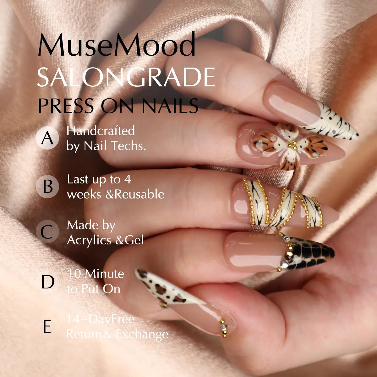 Faux ongles à presser en acrylique luxueux neutres faits à la main avec accents dorés