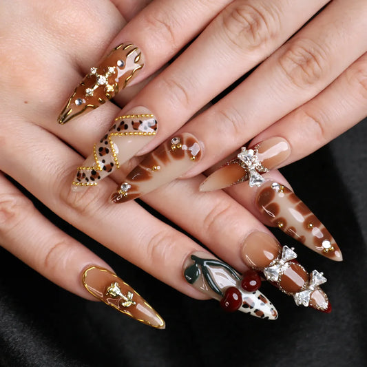 Cherry Mocha Stiletto Medium Length Nail Set